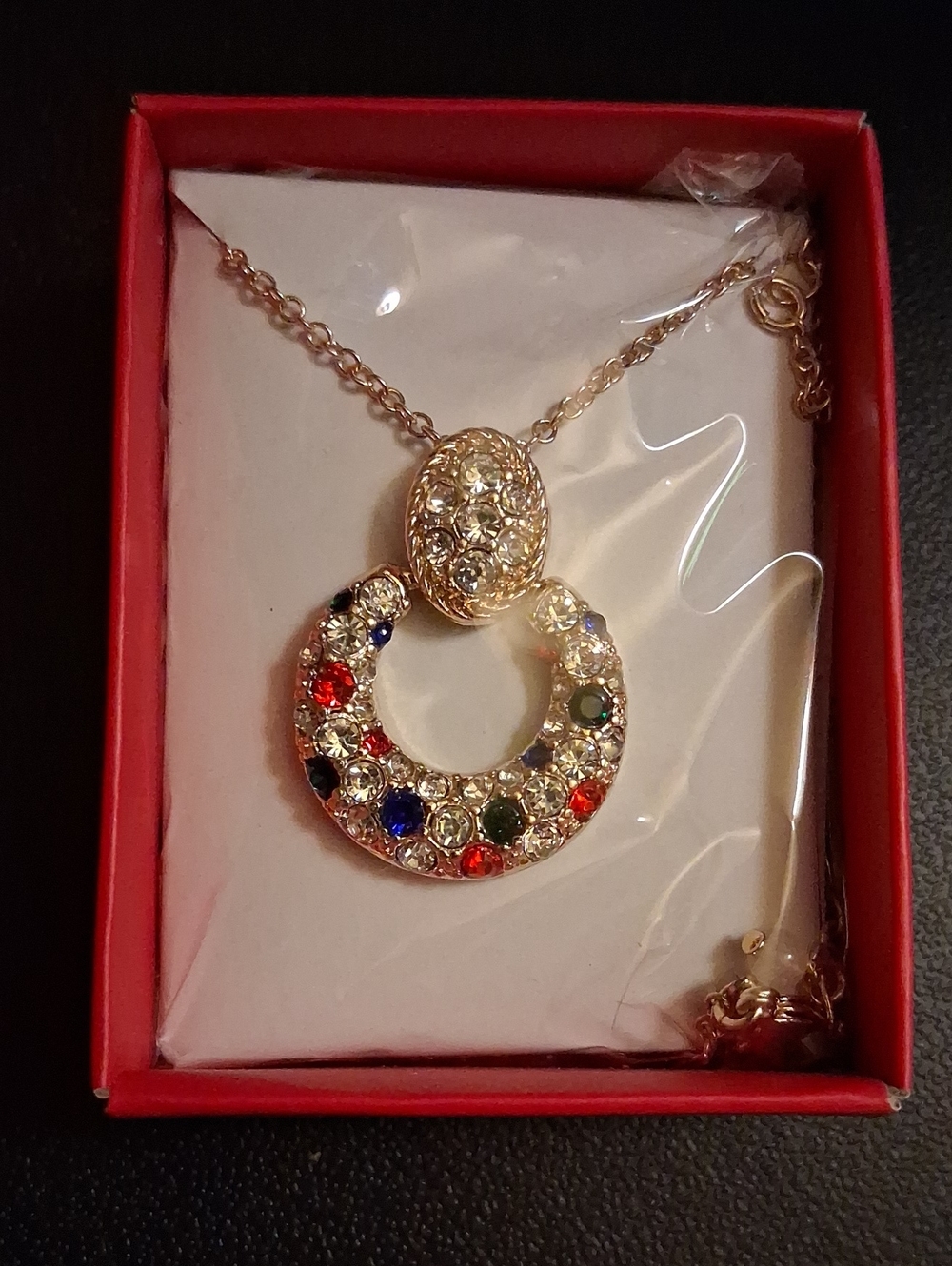 Avon Gold-Tone Circle Pendant Necklace with Multicolor Stones